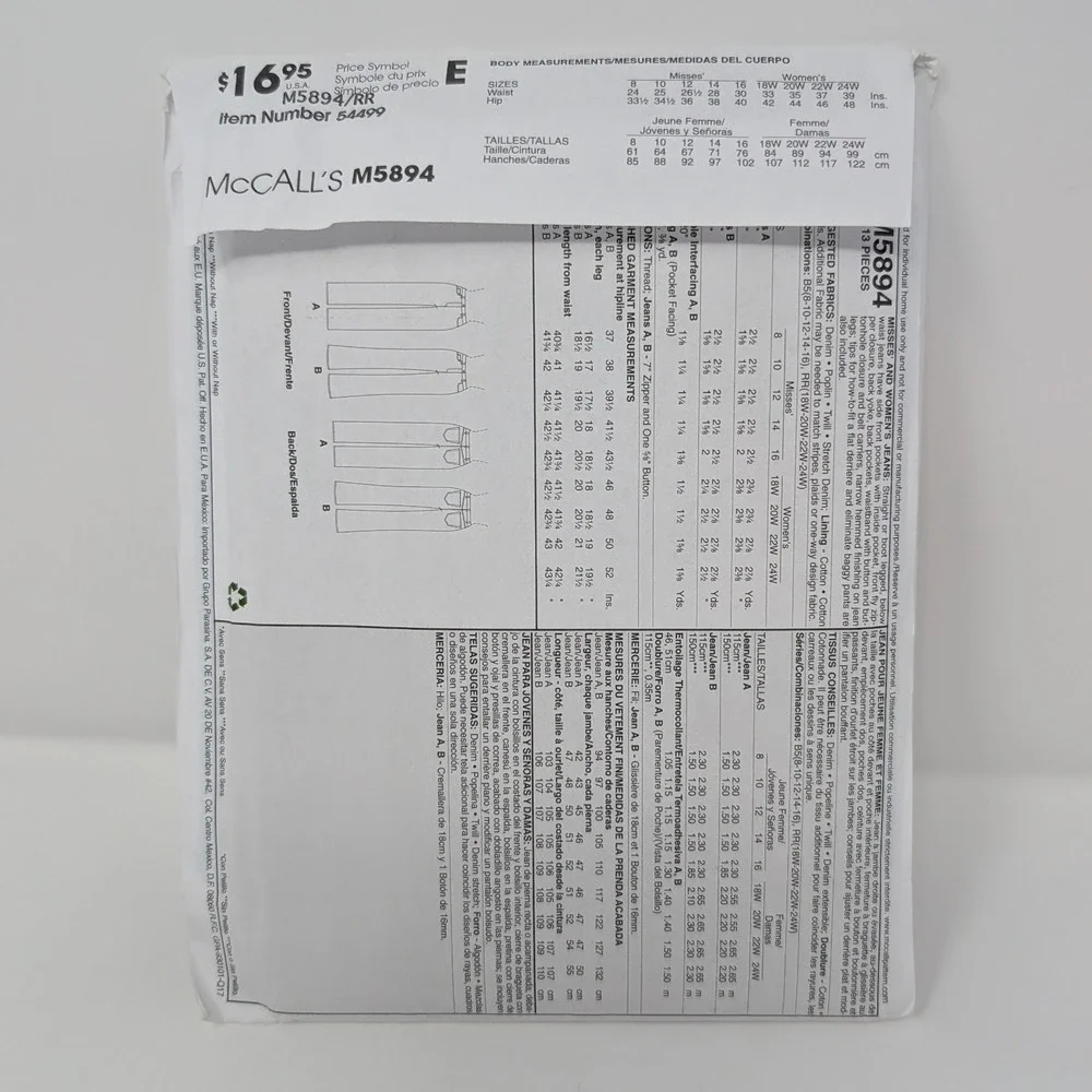 McCalls M5894 Palmer Pletsch The Perfect Jean‎ Sewing Pattern Size 18W-24W RR